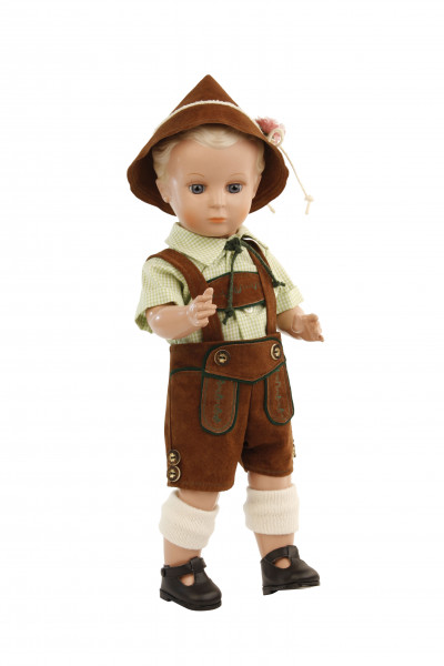 Puppe Hans 41 cm Miblu blonde Malhaare, blaue Glaskugelaugen, Trachtenkleidung