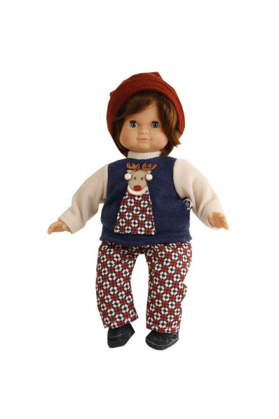 Puppe Schlummerle Junge 32 cm braune Haare, blaue Schlafaugen, Winterkleidung blau/rot