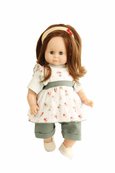 Puppe Schlummerle 37 cm blonde Haare, blaue Schlafaugen, Kleidung weiss/grün