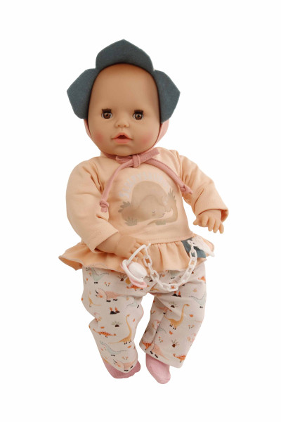 Baby Amy 45 cm mit Schnuller, Malhaar, braune Schlafaugen, Dino-Kleidung