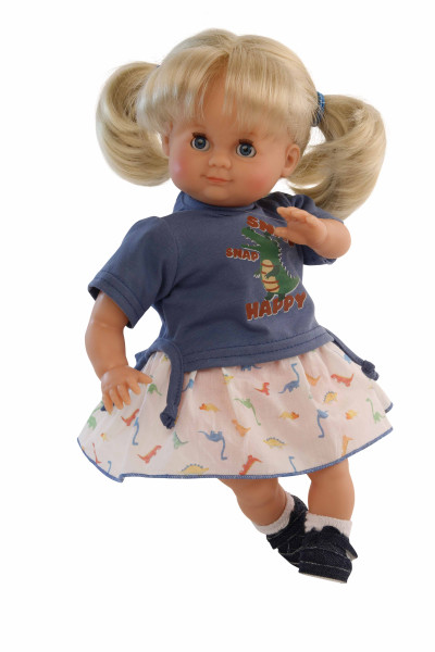 Puppe Schlummerle 32 cm blonde Haare, blaue Schlafaugen, Sommerkleidung Dino