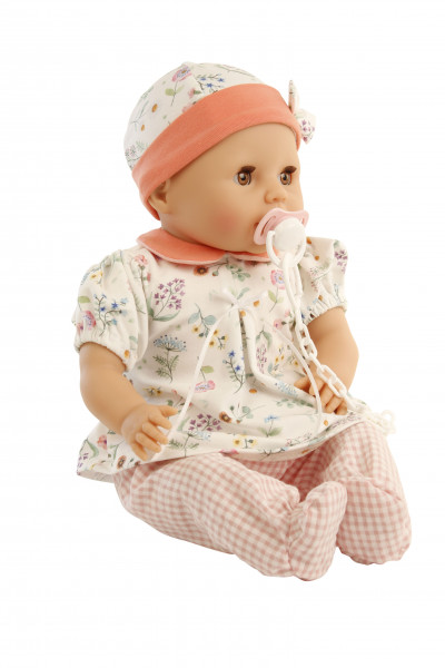 Baby Amy 45 cm mit Schnuller, Malhaar,braune Schlafaugen, Kleidung rose/orange/weiß mit Blumen