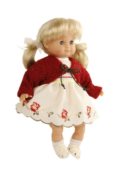 Puppe Schlummerle 32 cm blonde Haare, blaue Schlafaugen, Kleidung mit Plauerner Stickerei