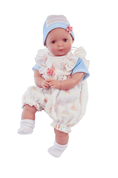 Puppe Schlenkerle 37 cm mit Malhaar und braunen Malaugen, Kleidung blau/wess