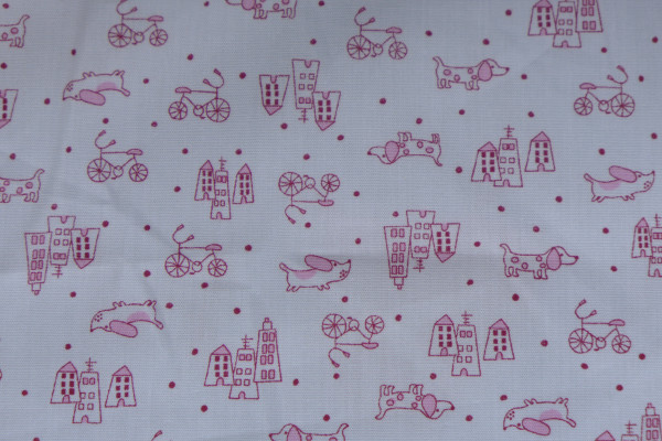 thin, fine batiste 100% cotton white printed with red dogs and houses