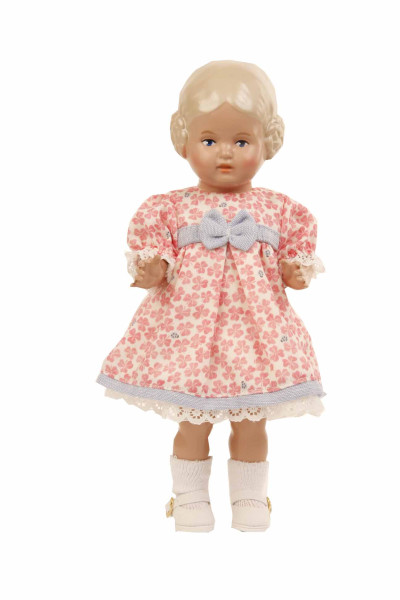 Puppe Bärbel 25 cm Miblu blonde Malhaare, blaue Malaugen, Sommerkleid rose/weiss
