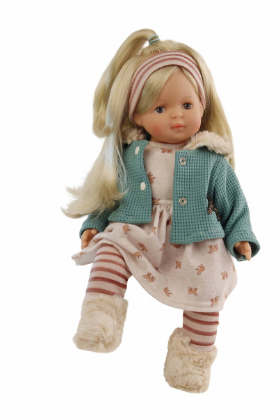 Puppe Strampelchen 37 blonde Haare, braune Malaugen, Winterkleidung rose/petrol
