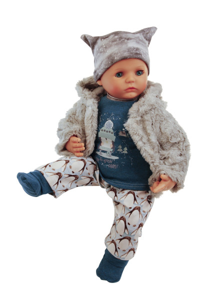 Puppe Peterle 52 cm mit Malhaar, blauen Schlafaugen, Pinguinkleidung