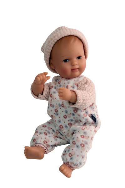 Puppe Mein 1. Baby 28 cm mit Malhaar und braune Malaugen, Overall rose/weiss