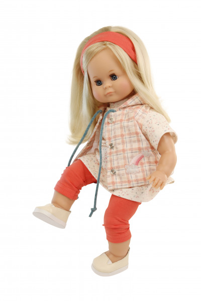 Puppe Schlummerle 37 cm blonde Haare, blaue Schlafaugen, Kleidung weiss/rot/rose