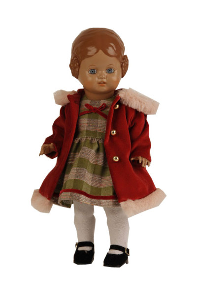 Puppe Bärbel 34 cm braune Malhaare , blaue Augen, Kleidung mit Mantel rot