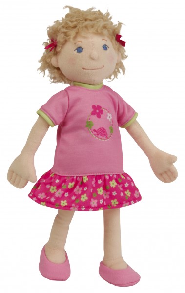Stoffpuppe Emmeline 30 cm, gesticktes Gesicht, Kleidung pink/grün