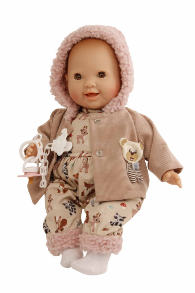 Schnullerbaby Lenchen 37 cm, Malhaar, braune Schlafaugen, Kleidung Waldtiere