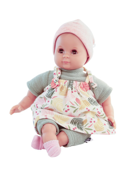 Puppe Schlummerle 32 cm mit Malhaar und braunen Schlafaugen, Strickoverall grün+ Kleid +Mütze
