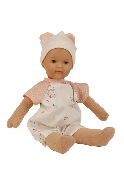 Puppe Schmuserle 30 cm Malhaar, braune Malaugen, Kleidung rose/weiss