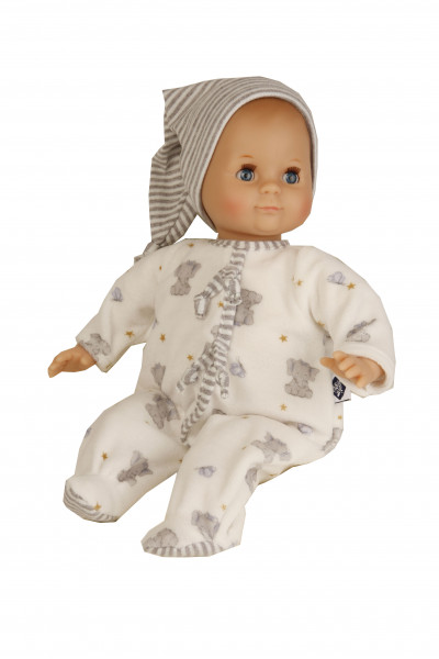 Puppe Schlummerle 32 cm mit Malhaar und blauen Schlafaugen, Overall weiß/grau