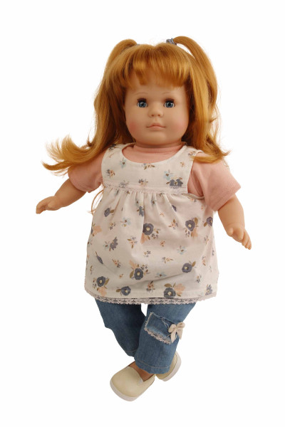 Puppe Hanni 45 cm rote Haare, blaue Schlafaugen, Jeanshose+ Blumenshirt