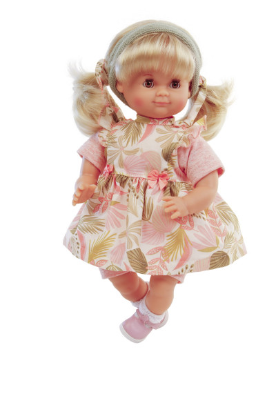 Puppe Schlummerle 32 cm blonde Haare, blaue Schlafaugen, Sommerkleidung weiss/rose/grün