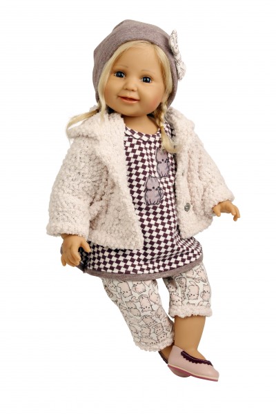 Puppe Lilli sitzend 60 cm von Brigitte Paetsch blonde Haare, Kleidung rose/weiss/braun