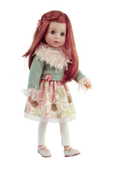 Stehpuppe Yella 46 cm rote Haare, Kleidung grün/rose