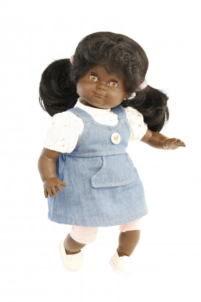Puppe Schlummerle Gr. 32 schwarze Haare, braune Schlafaugen, Jean-Outfit